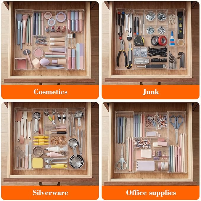 1 Pcs Acrylic Desk Drawer Organizer 2 Inch Height Expandable Drawer Organizer Trays with 9 Adjustable Compartments Desk Accessories for Makeup Silverware Office Bathroom(Clear)