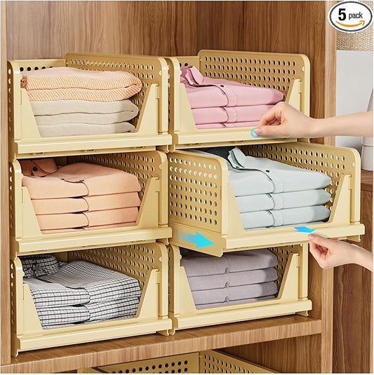 SNSLXH 5 Pack Stackable Closet Organizer Box, Multifunctional & Foldable Closet Storage Basket for Bathroom Kitchen Laundry Room Wardrobe Storage, Space-Saving Clothes Storage Drawer Organizer, Yellow