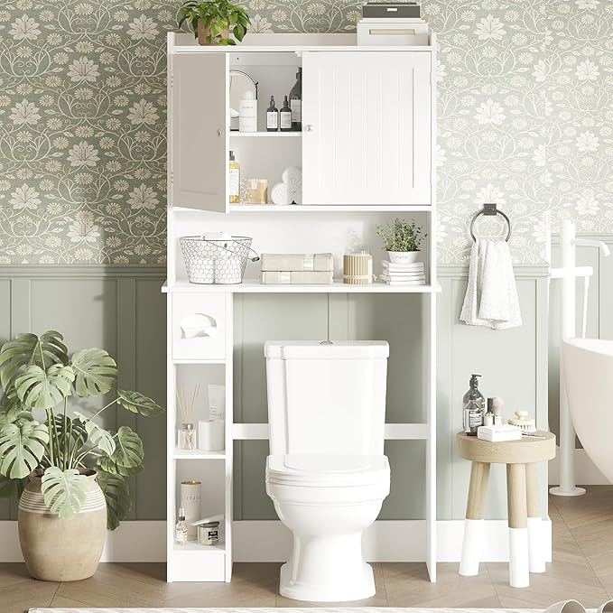 Over The Toilet Storage Cabinet with Toilet Paper Holder Double Door Bathroom Organizer with Adjustable Shelves Freestanding Bathroom Shelf Toilet Storage Cabinet Space-Saving Toilet Rack, White