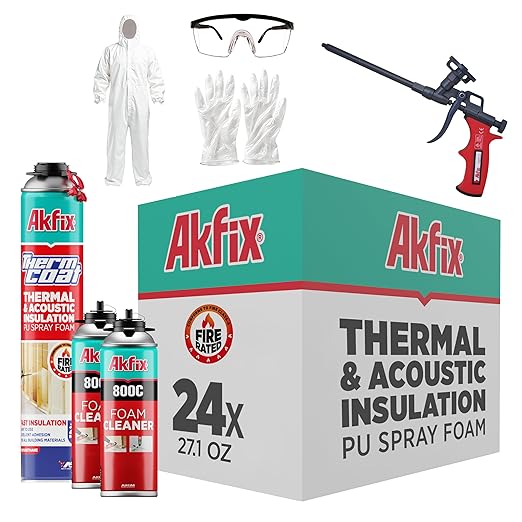Akfix Thermcoat Fire Rated Spray Foam Insulation Kit 480 sq ft (24x27.1 oz.) - (R-Value 11.32/2 in) Closed Cell Expanding Wide Sealant Thermal Insulation for Walls and Attic - Gun & Cleaner Included