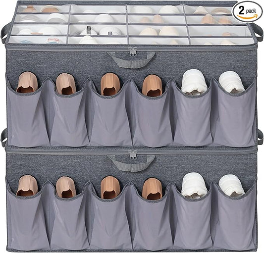 Shoe Organizer for Closet, Shoe Storage Solution with Clear Cover & Adjustable Dividers, Fabric Shoe Box Fits 16 +12 Pairs Shoes, Grey, 2-Pack