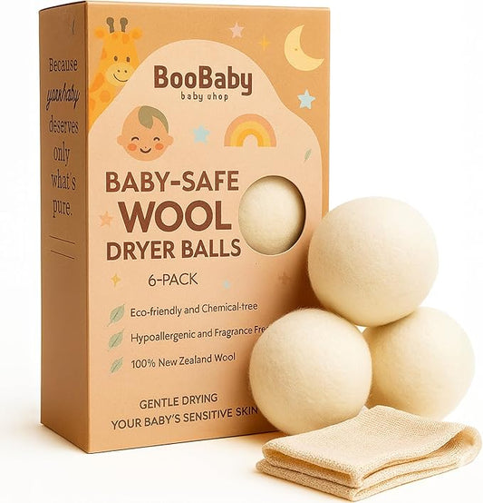 Wool Dryer Balls for Baby – XL 6-Pack with Mesh Bag – Baby Safe, Hypoallergenic, 100% New Zealand Wool – Chemical-Free Fabric Softener for Baby Clothes – White