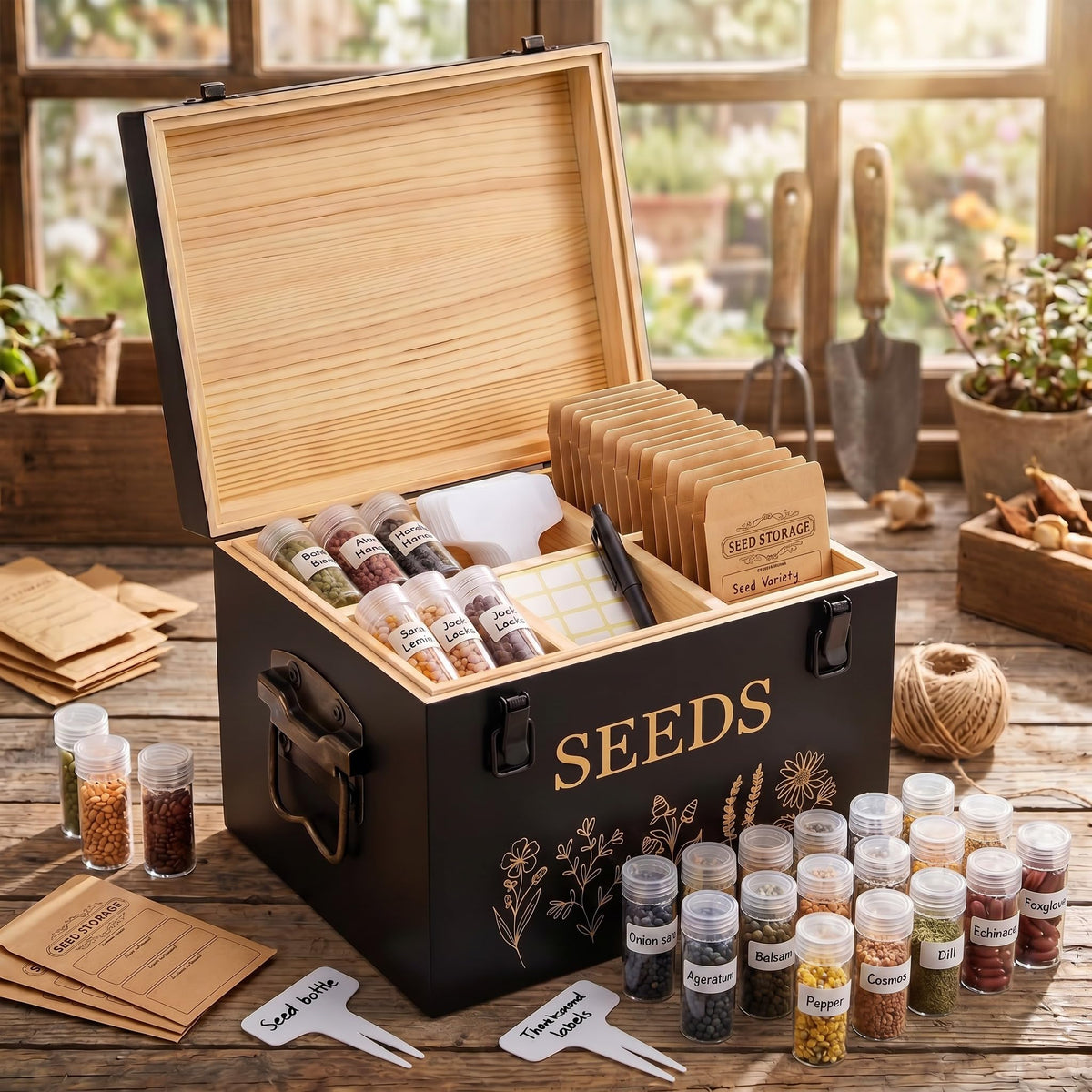Bamboo Wood Seed Storage Organizer Box, Garden Tools Saving Kit - Image 1