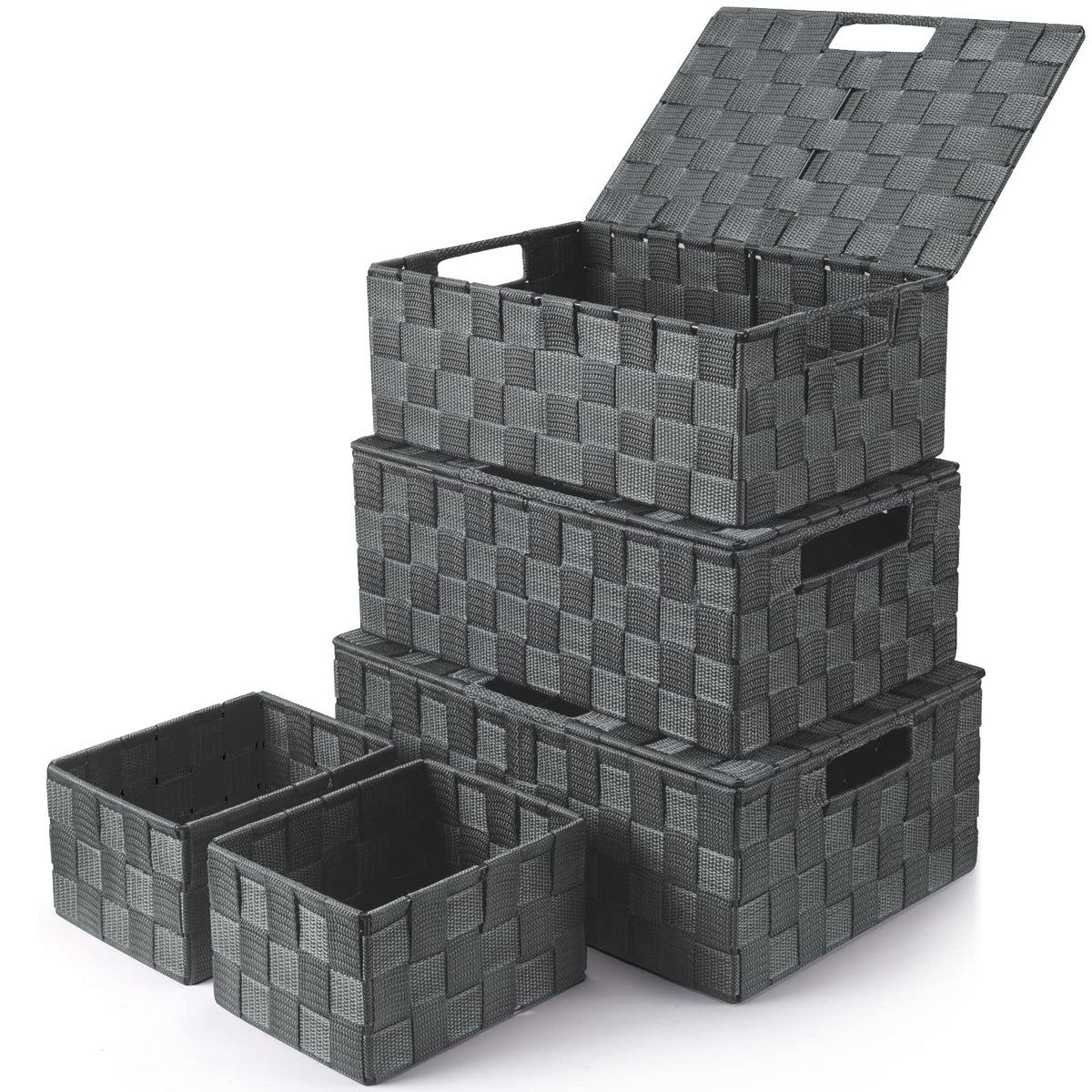 Storage Baskets with Lids: 5 Pack Stackable Woven Storage Bins - Image 1