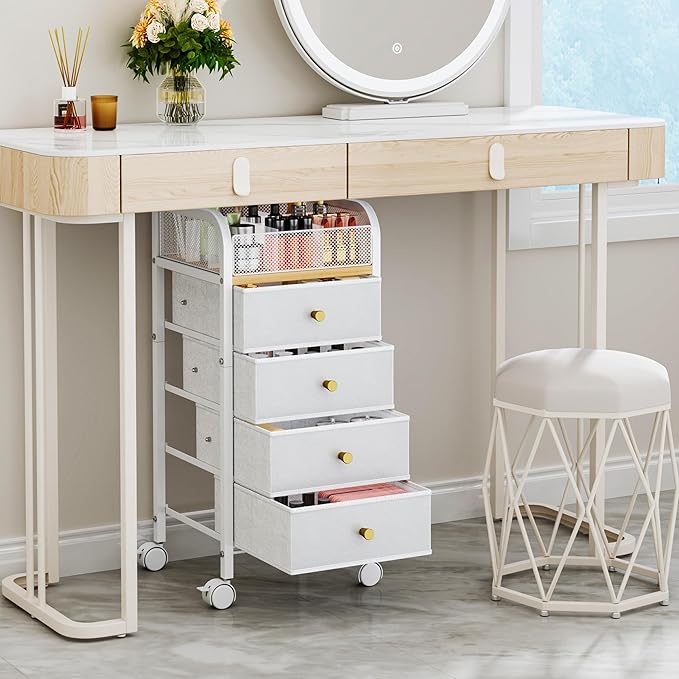 SWTYMIKI Rolling Makeup Organizer Cart - Floor Skincare Make Up Storage with 4 Non-woven Drawers, Vanity Organizer Cosmetic Display Cases Cabinet for Skin Care Perfume Nail Polish Brush Hair Tool