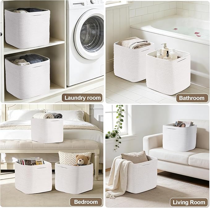 Storage Cubes 11 Inch Storage Baskets for Shelves, Cotton Rope Woven Baskets for Organizing, Cube Storage Square Bins for Toy, Playroom Decor, Classroom, Closet, White, 1pack
