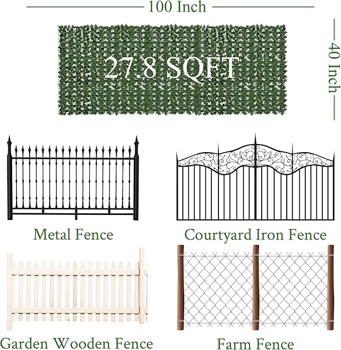 Artificial Ivy Privacy Fence Screen:100 "x 40" (28 Sqft) Anti-Ultraviolet Artificial Hedge Grass Wall, Used for Indoor and Outdoor Green Background, Garden Greening Decoration