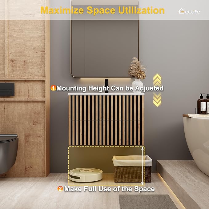 eclife 30" Floating Bathroom Vanity with Sink Combo, Modern Wall Mounted Cabinet with 2 Fluted Drawers, Undermount Sink, Faucet, Drain, Mixed Natural