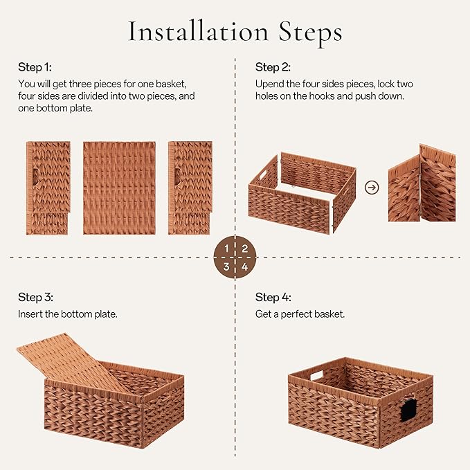 Storage Baskets with Label — Wicker Pantry Baskets for Shelves, Waterproof Woven Basket for Organizing, 2-Pack Plastic Rectangle Organizers with Handles, Light Brown (16.5L×13W×7.5H)