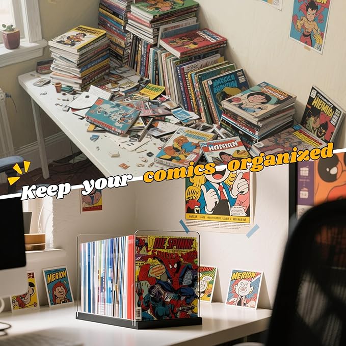 Comic Book Storage Holder，Wood Comic Book Case with three acrylic dividers，Acrylic Comics Book Box，Bin & Organizer，Stores Up To 150 Comics (Black)