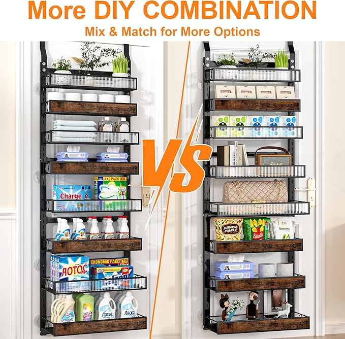 8 Tier Over the Door Pantry Organizer 2 IN 1 Hanging or Wall Mounted Spice Rack with Adjustable Basket,Heavy Duty Seasonning Storage Shelf for Kitchen Pantry and Bathroom