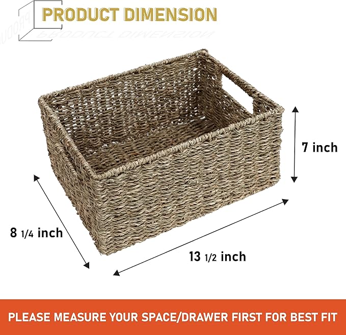 2-Pack Handwoven Seagrass Storage Baskets with Handles, Wicker Bins for Pantry Organization, Shelf or Closet Organizer, Decorative Boho Rectangular Basket 13.5" x 8"