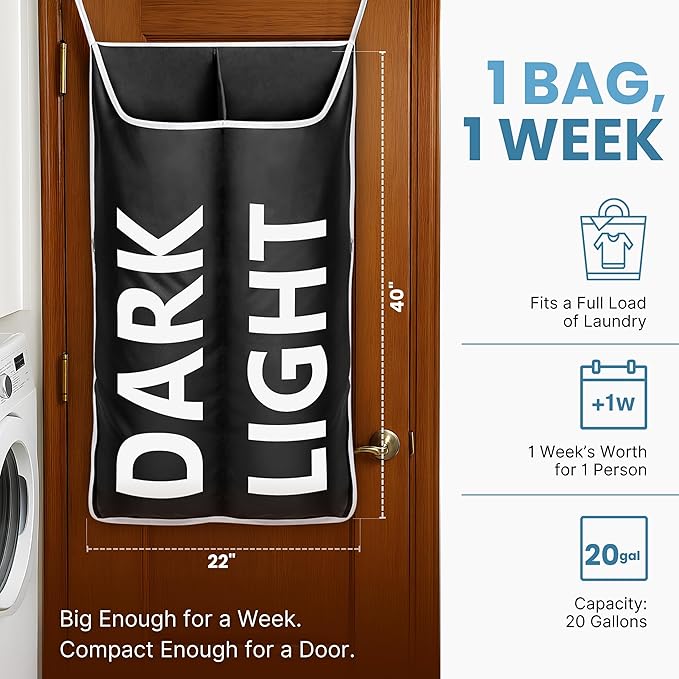 Hanging Laundry Hamper Bag XL, Space Saving over the Door Storage Bags, Behind the Door Hampers for Dirty Clothes & Wall Mounted Basket for Bathroom (Black -2Pack, Double Compartment)