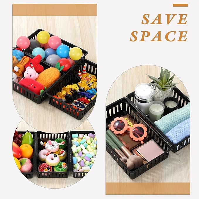 Wenqik Set of 12 Small Plastic Baskets for Organizing 10.24 x 6.5 x 2.36 Inch Pharmacy Baskets Rectangular Trays Plastic Organizer for Office Pharmacy Dorm Kitchens, Closets Shelves(Black)