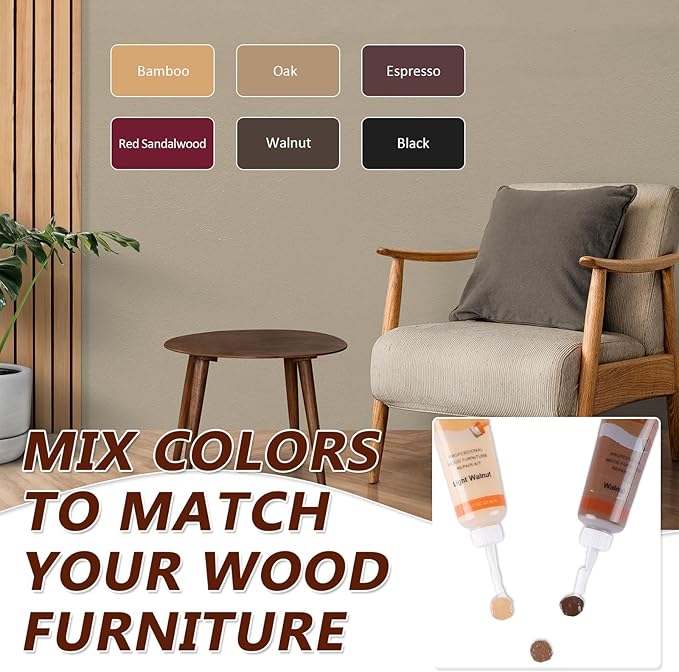 Wood Furniture Repair Kit, 6 Colors Wood Filler, Hardwood Laminate Vinyl Floor Repair Kit with Wood Markers, Wood Polish Wax for Hole, Scratch, Crack, Stain (Walnut Wood 20Pcs)