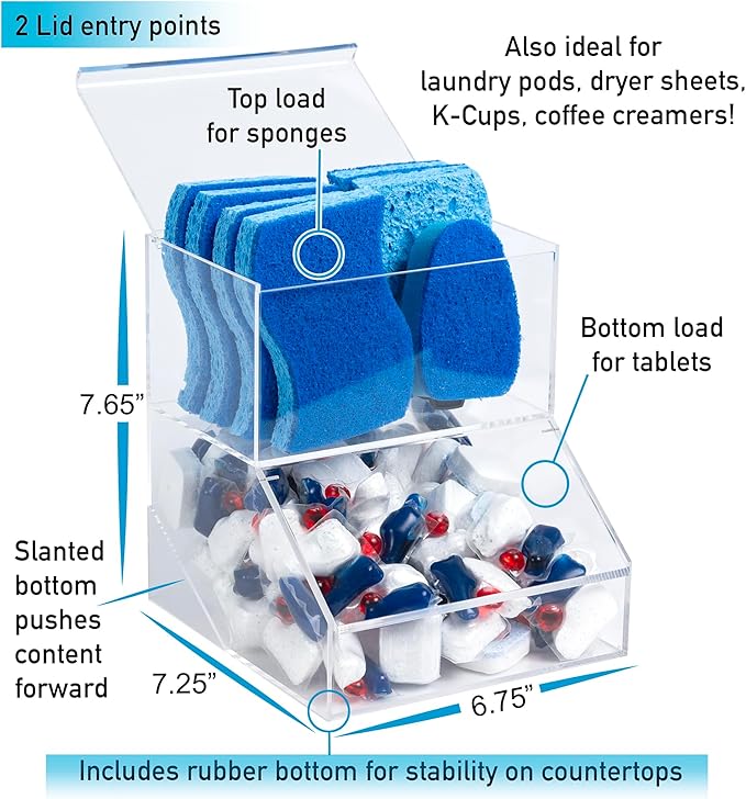 Acrylic Dishwasher Pods & Sponge Holder w/Lids - 2 Compartment Container for Storing Detergent Tablets, Dryer Sheets, Laundry Pods for Kitchen Sink Organization