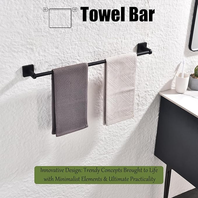 Miyili 24-Inch Single Towel Bar, Wall Mounted SUS 304 Stainless Steel Bathroom Towel Holder with Matte Black Finish, Total Length 26.38-Inch