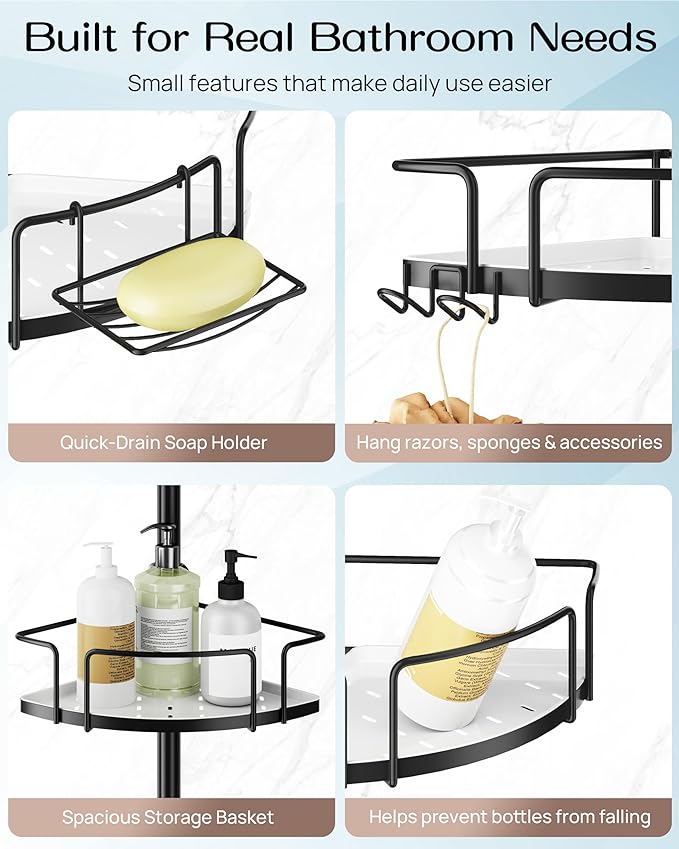 ALLZONE Corner Shower Caddy Tension Pole, 4 Repositionable Hang-On Baskets with Mixed-Height Shelves for Various Bottle Sizes, 4 Dual Hooks & Soap Holder, Rustproof Stainless Steel, Fits 34–116 Inch