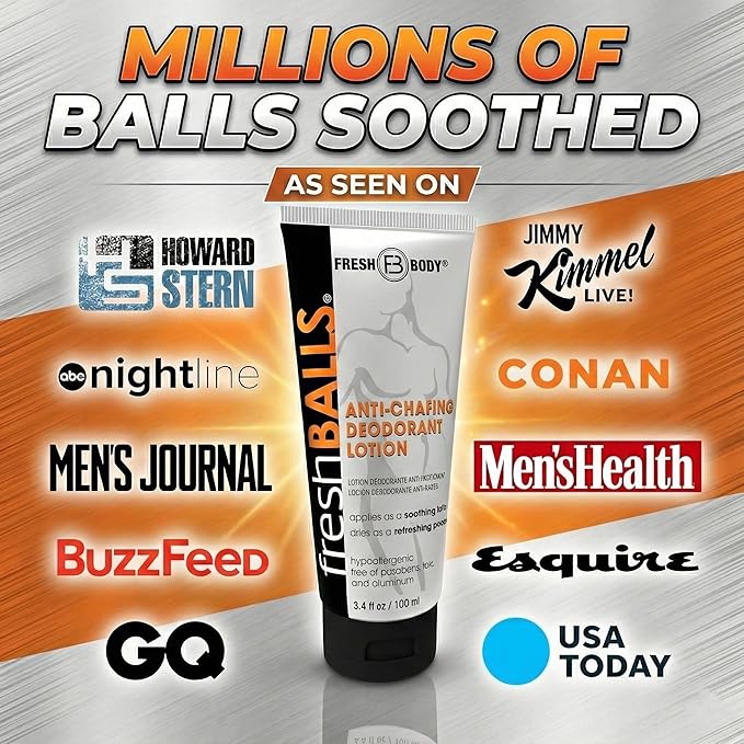 FRESH BALLS Lotion Anti-Chafing Comfort Men's Soothing Cream to Powder Ball Deodorant and Hygiene for Groin Area, 3.4 fl oz (Pack of 2)