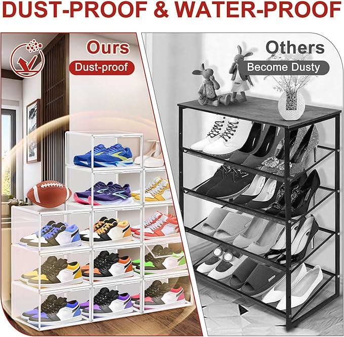 8 Pack Clear Shoe Boxes Shoe Organizer for Closet Size 12 Transparent Sneaker Display Case Stackable Storage Cubbies Grow Box with Magnetic Lid
