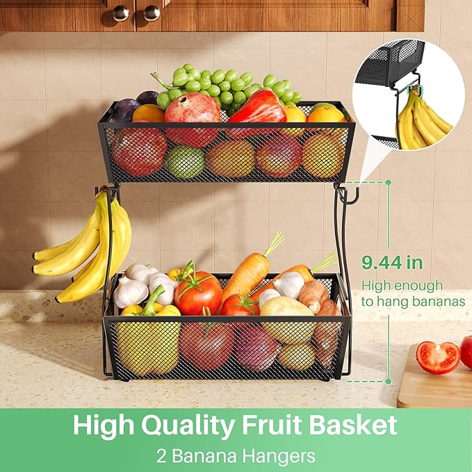 2 Tier Fruit Basket Bowl for Kitchen Counter with 2 Banana Hangers, Countertop Metal Mesh Basket Stand Fruit Holder for Veggies Onion Potato Bread Snack, Black
