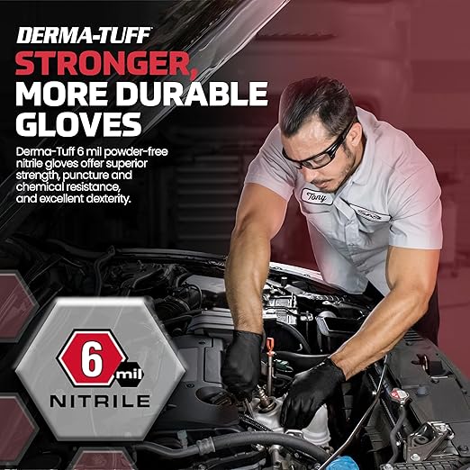 Derma-Tuff Powder Free Nitrile Gloves XL, 6 Mil Chemical + Puncture Resistant Exam Grade, Latex Free Black Gloves Disposable for Maintenance, Automotive and Janitorial, 120 Ct