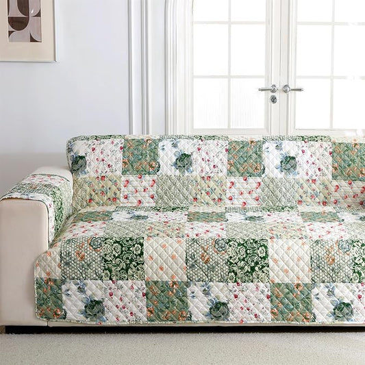 Cmfshape Skidproof Sofa Cover-Green Sofa Slipcover with Elastic Straps-Easy Fit Slip Cover-Patchwork Washable Furniture Protector for Pets and Kids(Sofa,Green)