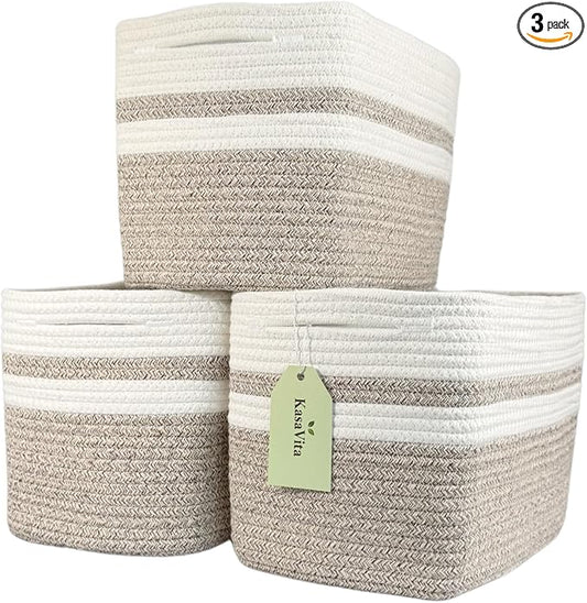 Cotton Rope Baskets for Organizing and Storage, Woven Decorative Baskets for Shelves, Books, Closets. Storage Bins for Living Room, Bedroom | Pack of 3 | Beige