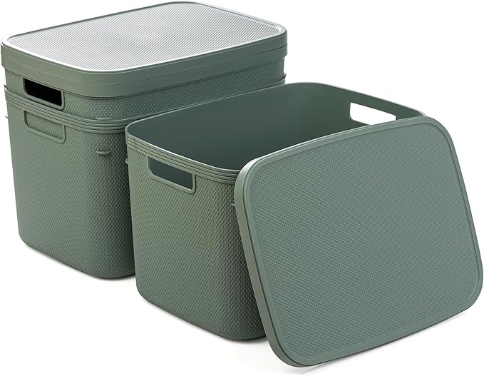 BINO | Plastic Storage Bins with Lids, 20 Liter - 3 Pack, Desert Green | THE TWILL COLLECTION | Plastic Bins for Organization | Woven Storage Baskets for Organizing | Pantry Shelf Organizer Basket Bin