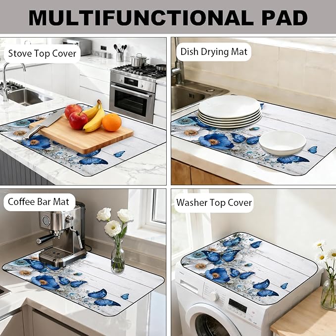 Glass Stove Top Covers for Electric Stove, Heat Resistant Counter Protector Mat, Non Slip Waterproof Surface Cover for Kitchen Counter and Cooktop (Blue Butterfly, 28"L x 20"W)