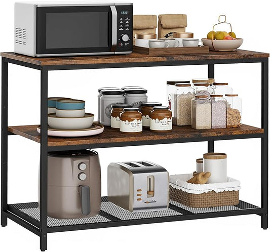 39.4" L Kitchen Island with 3 Shelves, Kitchen Shelf with Large Workstation, Bakers Rack, Workbench, Metal Frame, Rustic Brown and Black