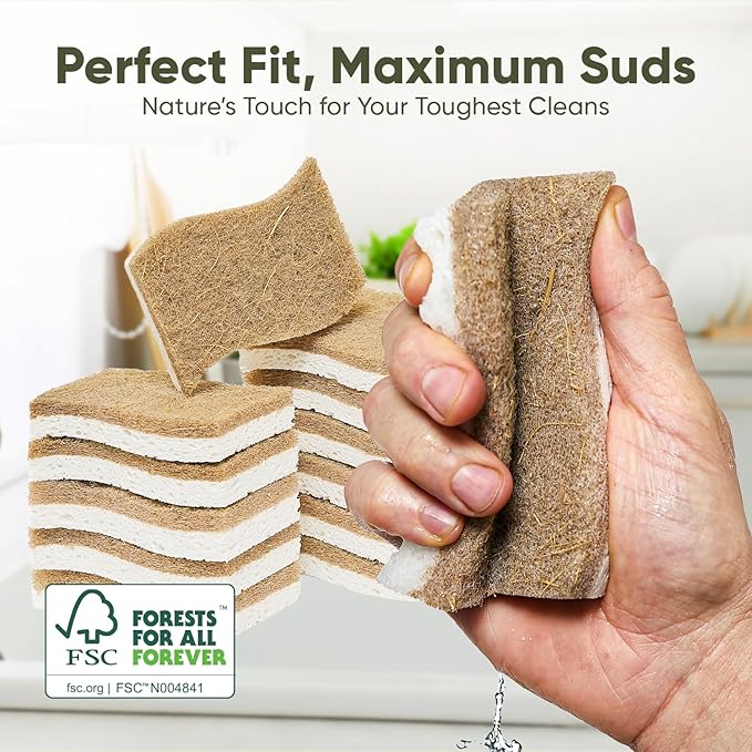 Plant-Based Kitchen Sponges (24 Pack) | FSC-Certified & PETA Approved | Natural Cellulose & Coconut Blend Scrubber Dish Sponges for Kitchen | S-Shaped Design | Eco-Friendly, Non-Scratch & Non-Toxic