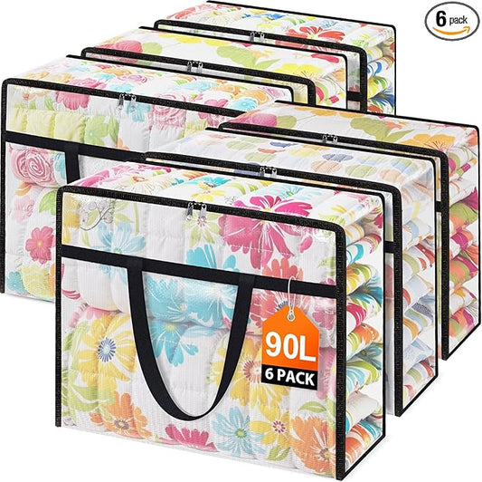 Clear Under Bed Storage Containers - 6 Pack Large Capacity Clothes Storage Bags with Lid & Sturdy Handles, Foldable Moving Bags, Clothing Organizer Totes for Bedding, Comforter, Sheet（90 L）