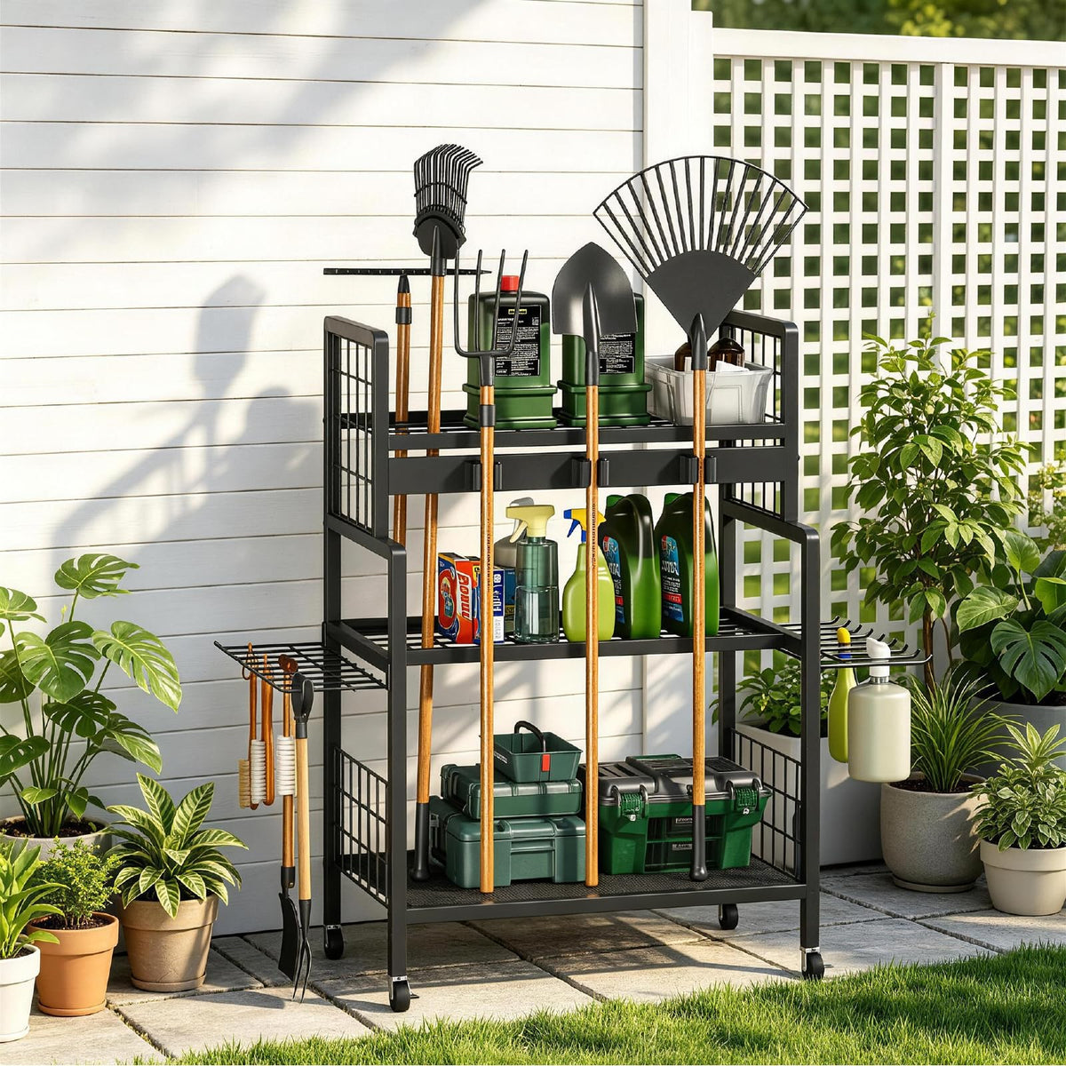 Garden Tool Organizer with Wheels, 3-Tier Metal Garden - Image 1