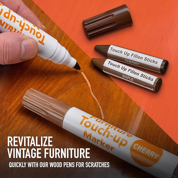 Furniture Repair Kit Set of 34, Wood Scratch Repair Markers, Wax Crayons and Wood Filler with Brushes and Sharpener for Furniture, Floors, Cabinets, Tables and Desks