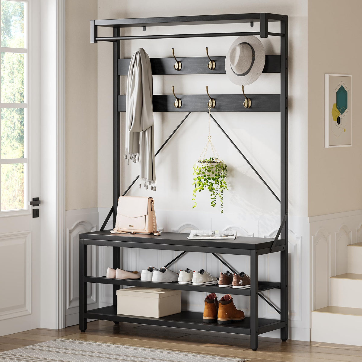 OUTLANE Industrial Hall Tree Coat Rack with Bench – 2-Tier - Image 1