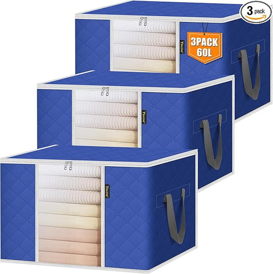 BALEINE 3 Pack Clothes Storage Bags, 16 Gallon Storage Containers with Reinforced Handle, Sturdy Zipper, Closet Organizer for Blanket, Comforter, Pillow, Bedding (Blue, 3 Pack)