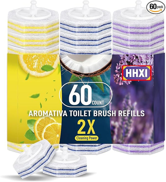 60Ct Aromative Toilet Brush Refills, Toilet Bowl Cleaner Refills, Double-Layer Cleaning Pads Added, Disposable Refill Heads for Toilet Bowl Cleaner Wands，Lemon, Blue Ocean, Lavender （Patented）