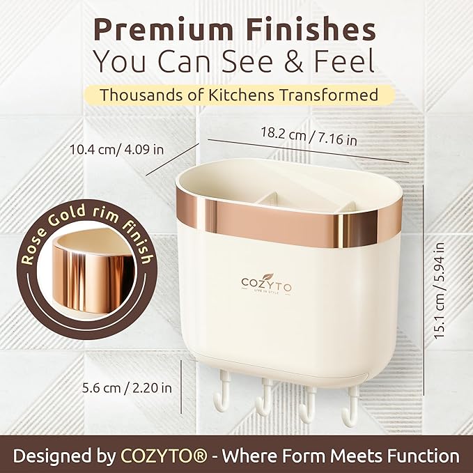 COZYTO LuxTray U1-Pro Wall Mounted Utensil Holder – Kitchen Organizer with Hooks, Dividers & Drain Tray, No-Drill Adhesive Wall Mount Storage, BPA-Free (Cream White & Rose Gold)
