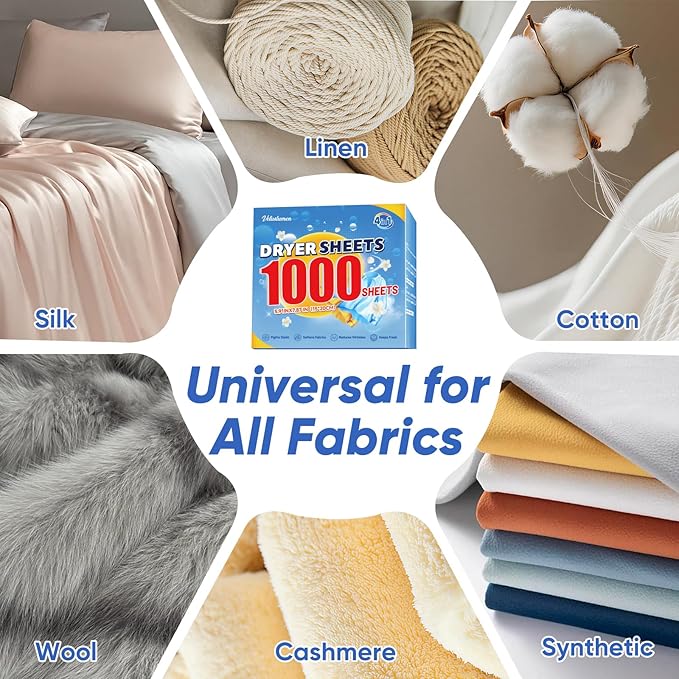 Veuslumen 1000 Count Dryer Sheets, Mega Pack Fabric Softener Sheets with Essential Oils | Fights Static, Softens Fabrics, Reduces Wrinkles | For Long-Lasting Fresh Scent Laundry