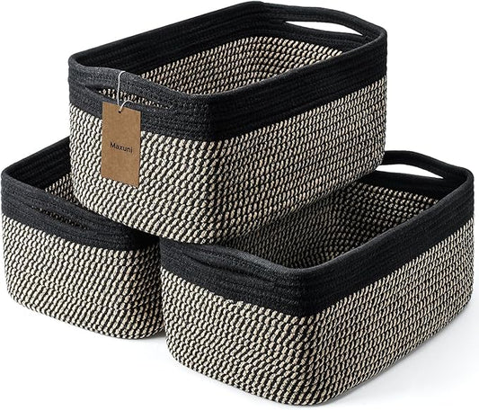 3-Pack Shelf Baskets for Organizing, Closet Organizer Bins, Small Woven Baskets, Rope Toy Basket, Storage Basket for Shelves, Cube Decorative Box, 11.8×7.8×5.1”, Black Brown