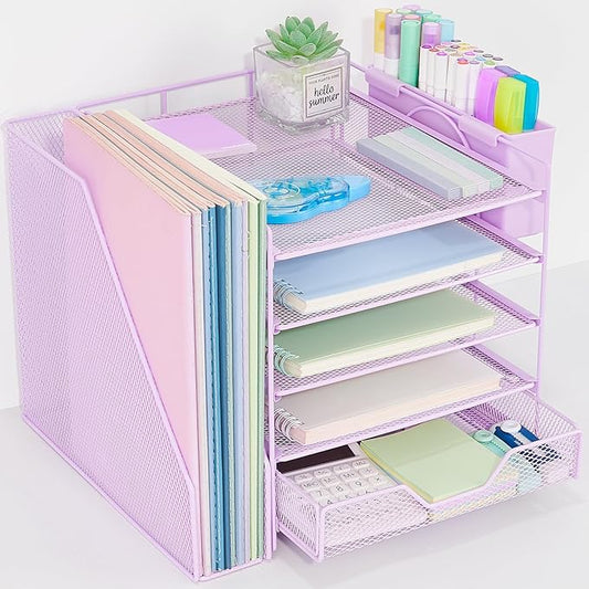 Desk Organizer, 5-Tier Paper Letter Tray Organizer with File Holder, Drawer and Pen Holder, Desktop Organizer for Office Supplies, Purple
