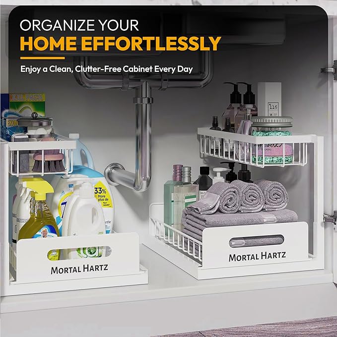 MORTALHARTS Under Sink Organizer – 1 Pack 2-Tier Sliding Storage Rack – Pull-Out Cabinet Organizer with Adjustable Metal Shelf, L-Shaped Design for Kitchen, Bathroom & Laundry Cabinets