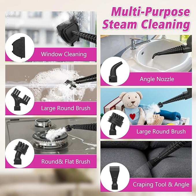 Steam Mop for Floor Cleaning, Handheld Electric Mop Steamer for Home, Hardwood Floor Steamer for Kitchen, Living Room Wood Floor Tile Carpet Clothes Cleaning, Black and Pink