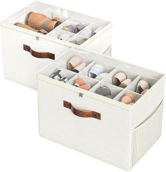 Budding Joy 2 Pack Shoe Organizer for Closet, Clear Foldable Shoe Storage Containers Adjustable Dividers Fits 16 Pairs,Shoe Storage Bins Baskets Boxes with Reinforced Handles Beige