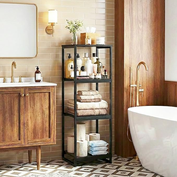 4-Tier Bathroom Shelving Unit, 33.7" H Narrow Open Floor Shelves, Metal Corner Slim Storage Rack for Bathroom Laundry Room Kitchen Living Room, Black
