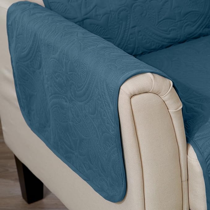Reversible Recliner Chair Cover - Washable Slipcover Furniture Protector with Elastic Straps - Furniture Cover for Dogs, Kids, and Pets - Quilted & Stitched Detail (Recliner, Smoke Blue / Ivory)
