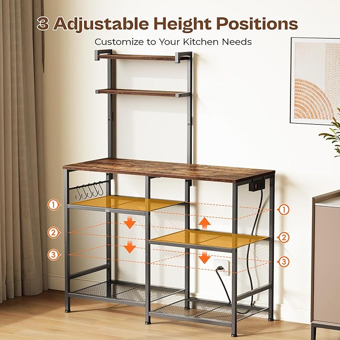 Huuger 39.4 Inch Bakers Rack with Power Outlets, Kitchen Microwave Stand with Storage, Coffee Bar with 4 Hooks, 3-Level Height Open Shelves, Rustic Brown