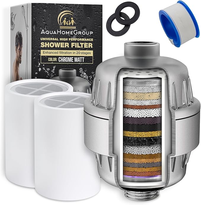 AquaHomeGroup 20 Stage Shower Head Filter with Vitamin C E A - High Output Water Filters to Remove Chlorine and Fluoride - 2 Cartridges Included - Consistent Flow Showerhead Filter