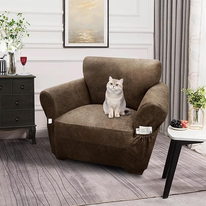 Single Sofa Cover Leather Look Chair Covers for Living Room 1-Piece Sofa Chair Covers with Arms Stretch Furniture Protector with Elastic Bottom & Pockets(Armchair, Light Brown)